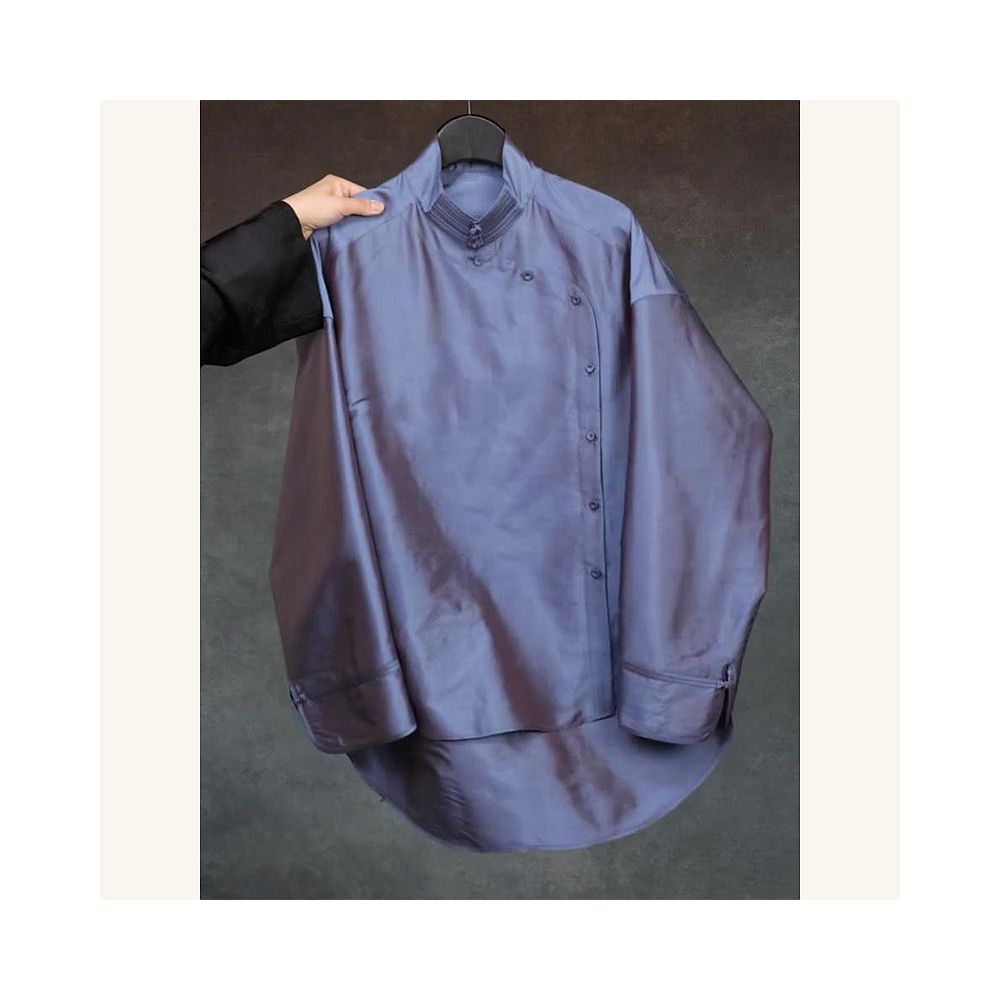 Shopping Mall Withdrawal Autumn Edition New Chinese Style Retro Style Minimalist Light Luxury Unique Beautiful Blue Stand up Collar Shirt image 5