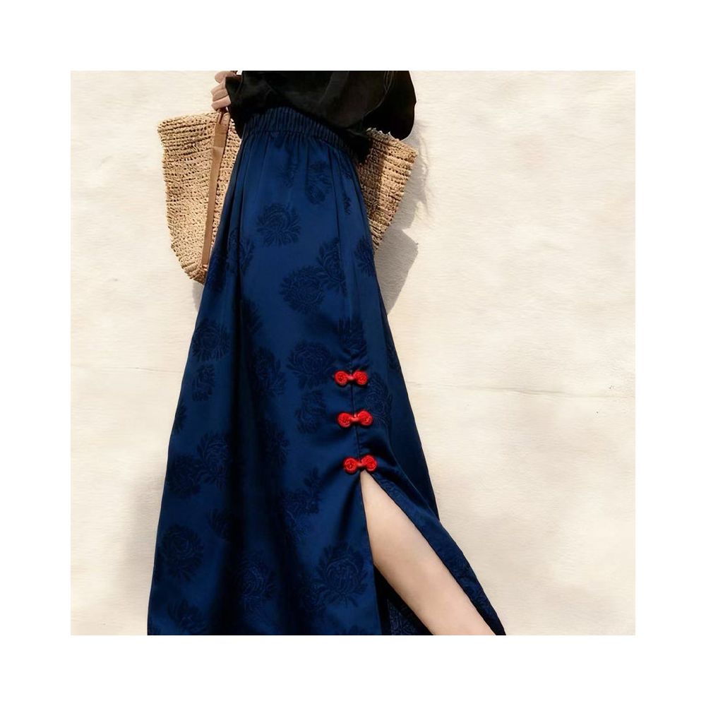 New Chinese style old money style jacquard plate buckle with back slit navy blue half skirt for important occasions beautiful skirt for children in autumn and winter image 5