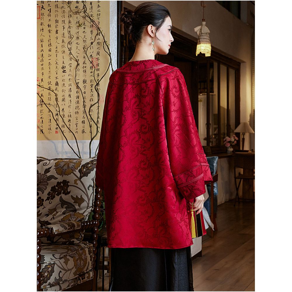 Moyu 丨 Embroidery Tang 丨 Chinese style improved Han Qing women s inverted long sleeved cloak Chinese red mid length Tang style top image 4