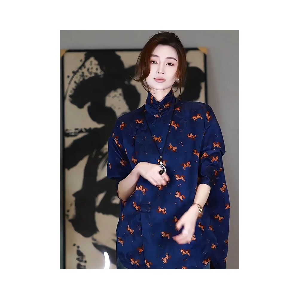 New Chinese Zen style Chinese style high end temperament super beautiful loose blue printed shirt for women 2026 spring new collection image 5