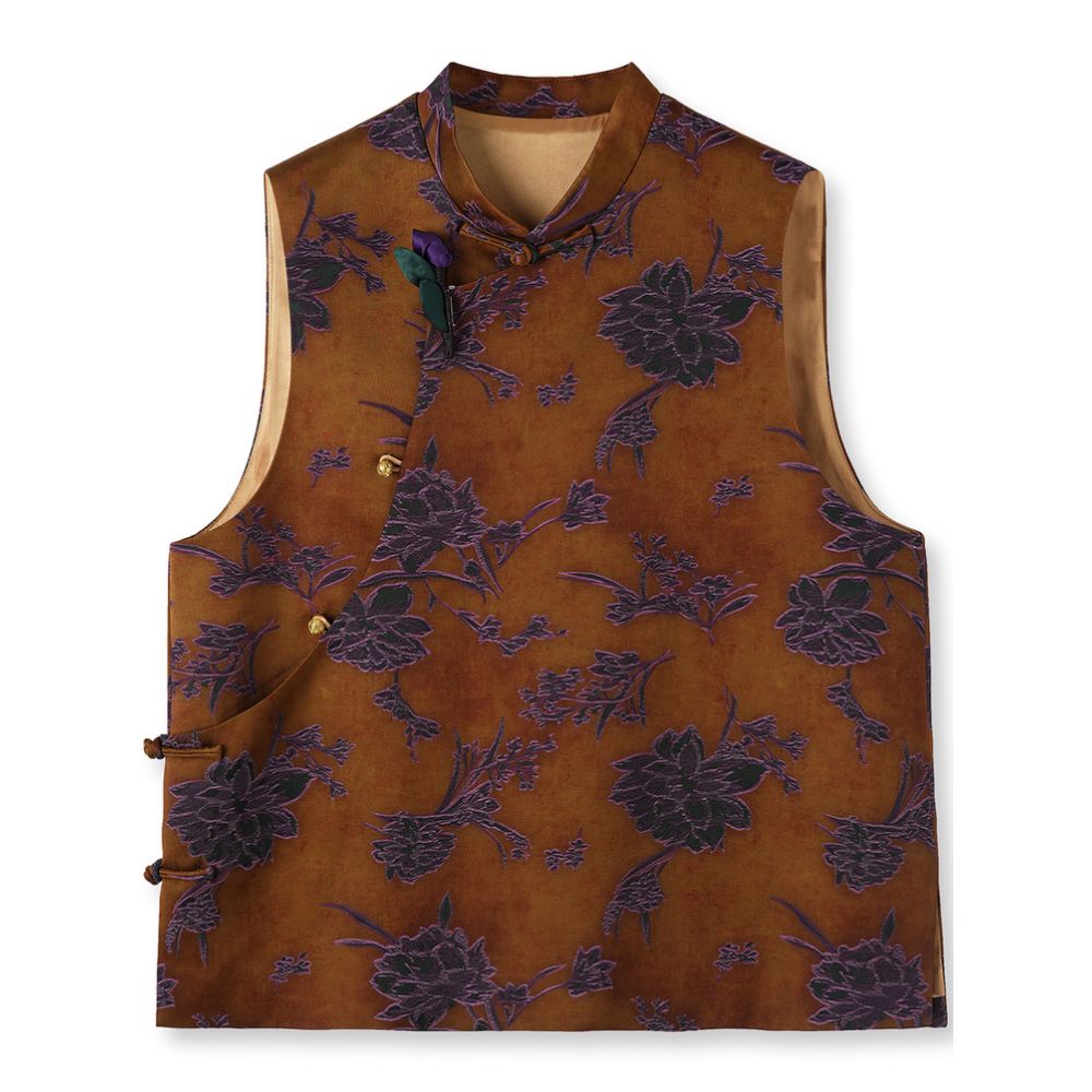 Yellow youthful version improved Chinese style vest with frog buttons stand up collar light Chinese style jacquard top image 4