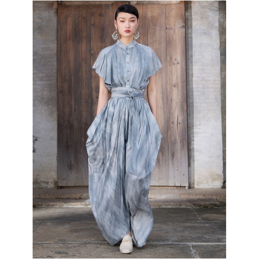 Boundary inside and outside standing collar lotus leaf sleeves short sleeved loose summer shirt made of old plant dyed silk shirt J52C1041 image 4