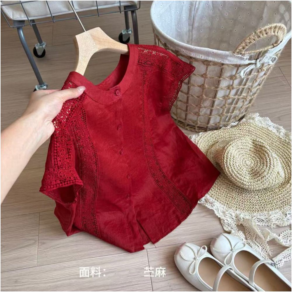 STUDIO celebrates today Extremely white Red heavy industry lace hollow out shirt for women s summer high end slimming short sleeved top image 5