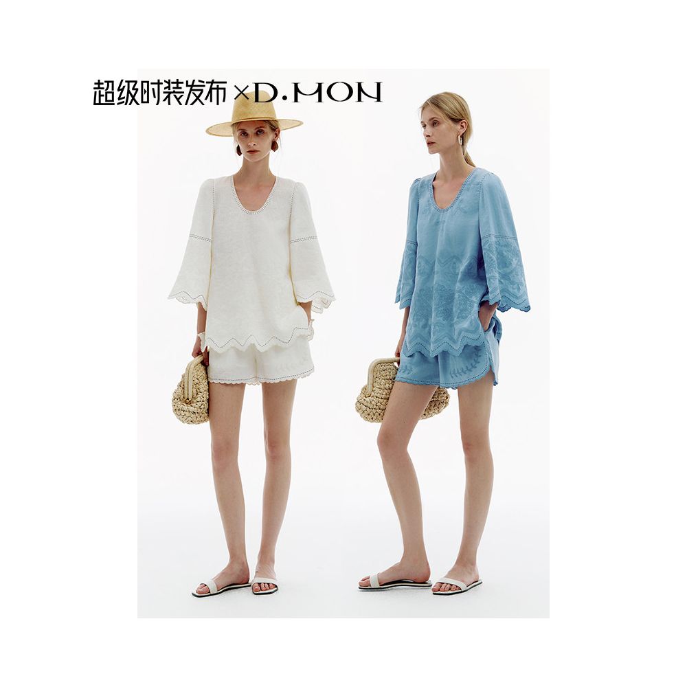 Super Fashion DMON Summer Garden French Holiday Hollow Embroidery Deep V Loose Small Shirt Shorts image 5