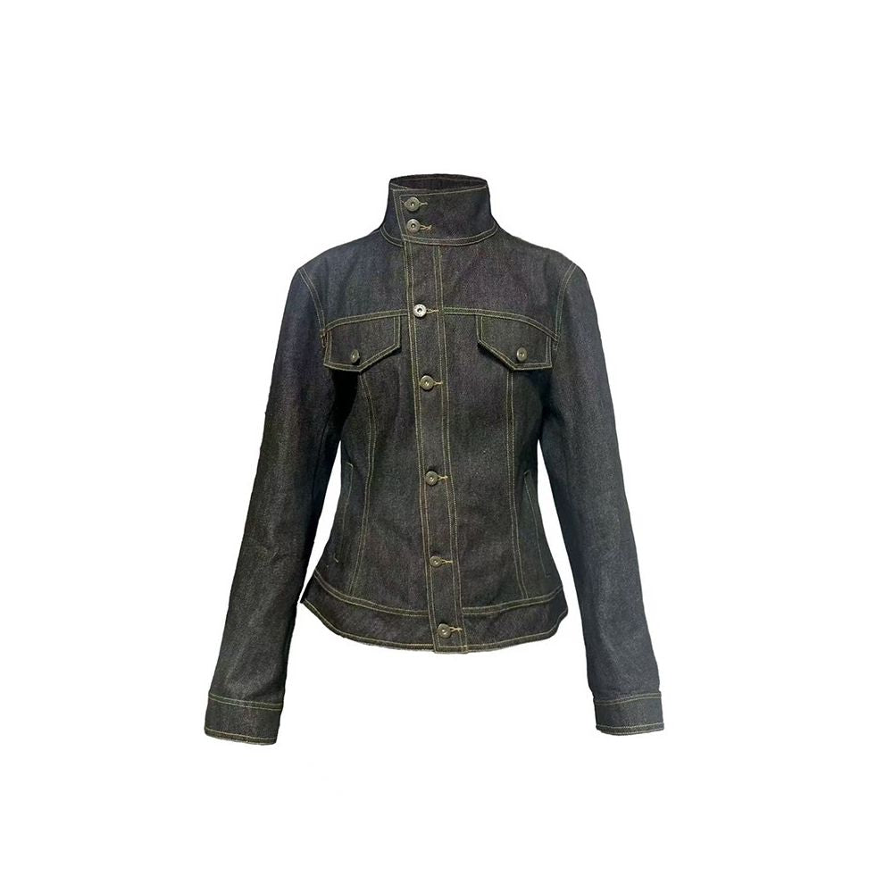 JCAESAR WOMEN diagonal placket waist cinched original cowhide jacket 12oz Danning wide and stylish denim jacket autumn image 5