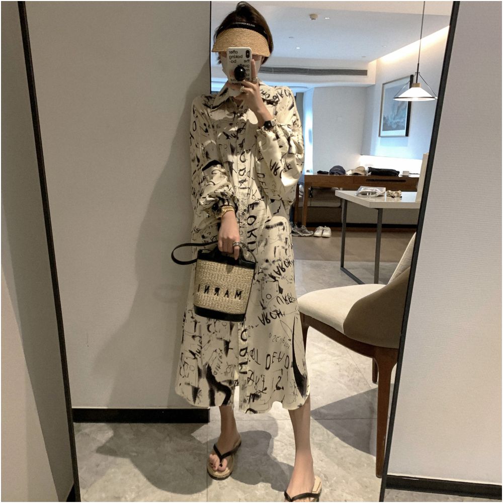 Tach Paola French style small fragrance graffiti printed shirt skirt spring and summer niche lazy style long dress for women image 5