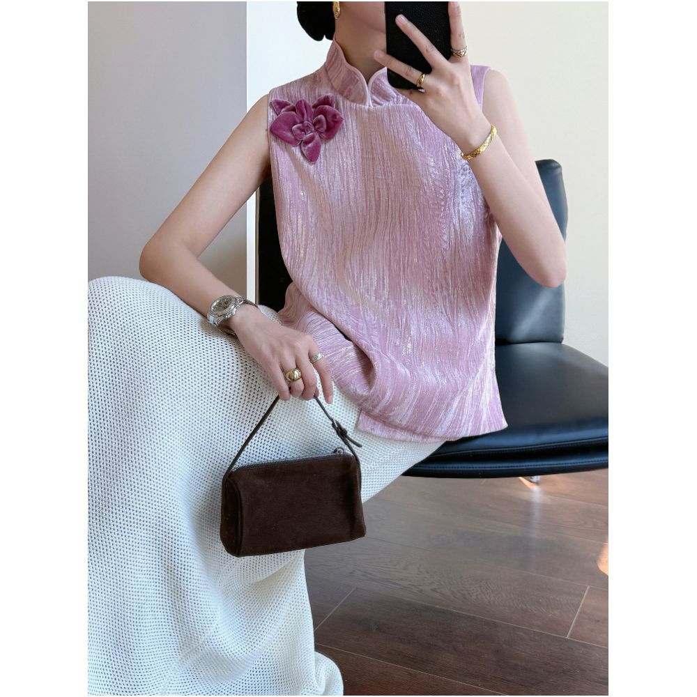 Tasyavan New Chinese Style Velvet Gold Foil Corsage Design Stand Collar Heavy Duty Three Dimensional Flowers Slimming Sleeveless Vest for Women image 5