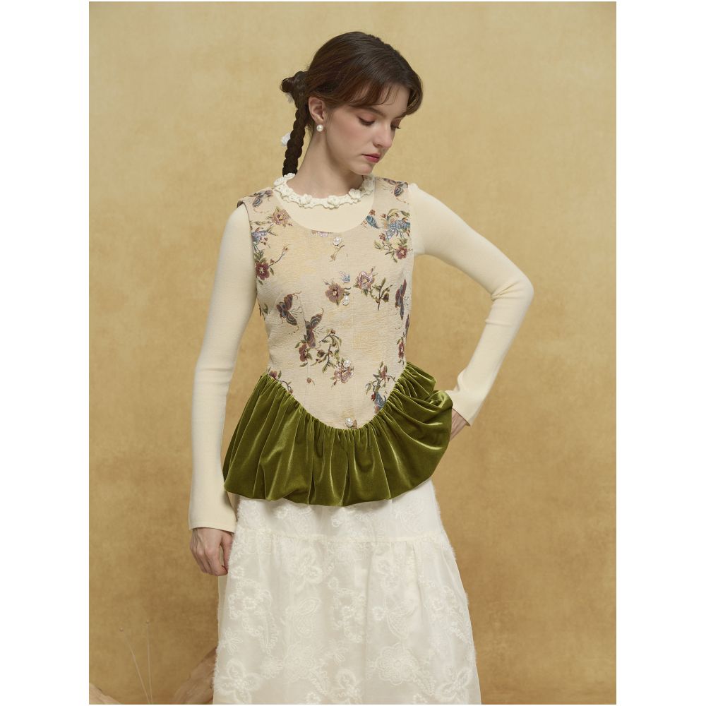 Tail Kite Collection Original New Arrival Audrey Hepburn Style Floral Bird Jacquard Velvet Patchwork Top Color Block Slimming Waist image 4