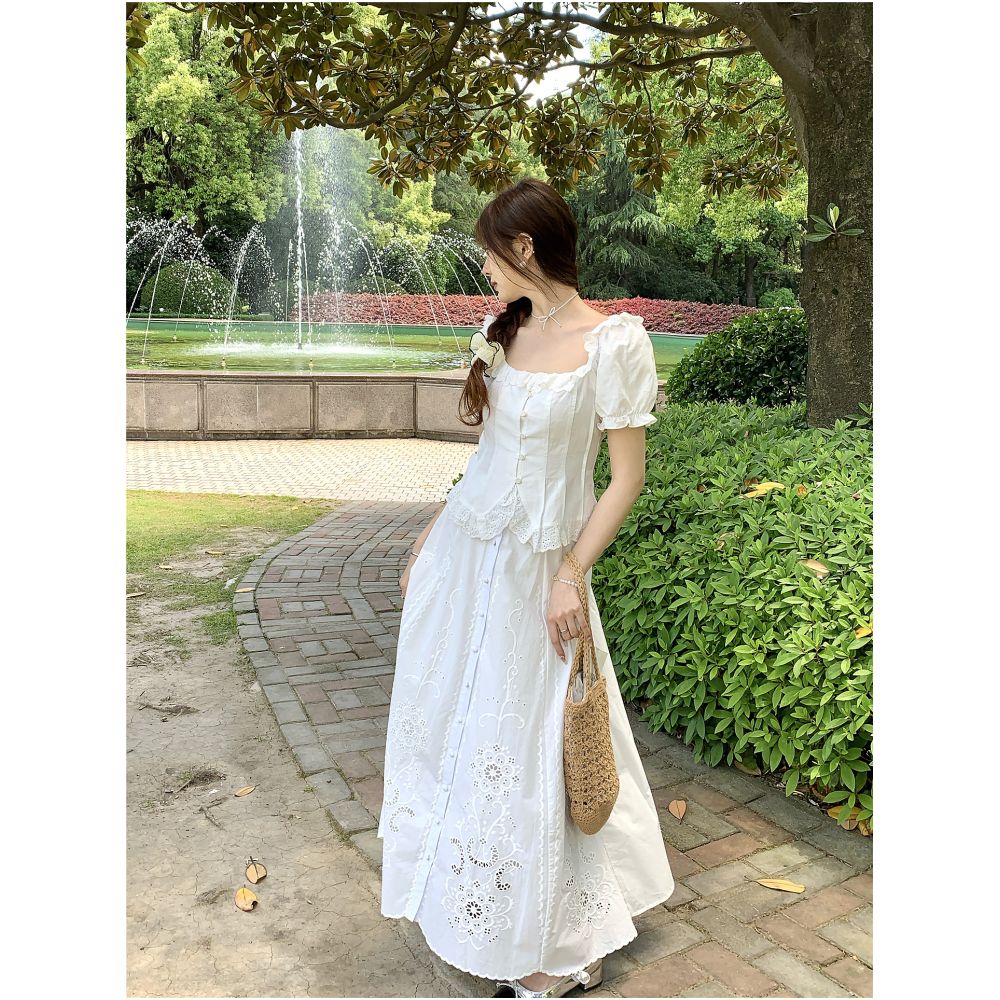 DANCC French style hollowed out embroidered white midi skirt for women summer long elegant A line skirt image 4