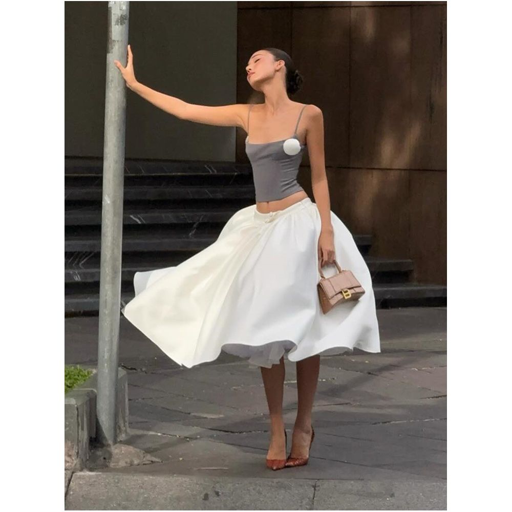 French style elegant and sophisticated white midi skirt for women high waisted full skirt A line flared skirt image 4