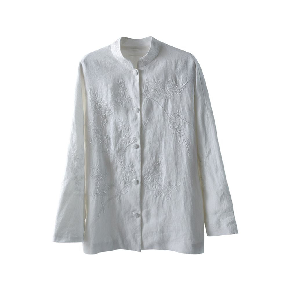 Pure linen sequined embroidered jacket new Chinese retro style stand up collar shirt elegant and fashionable short top image 4