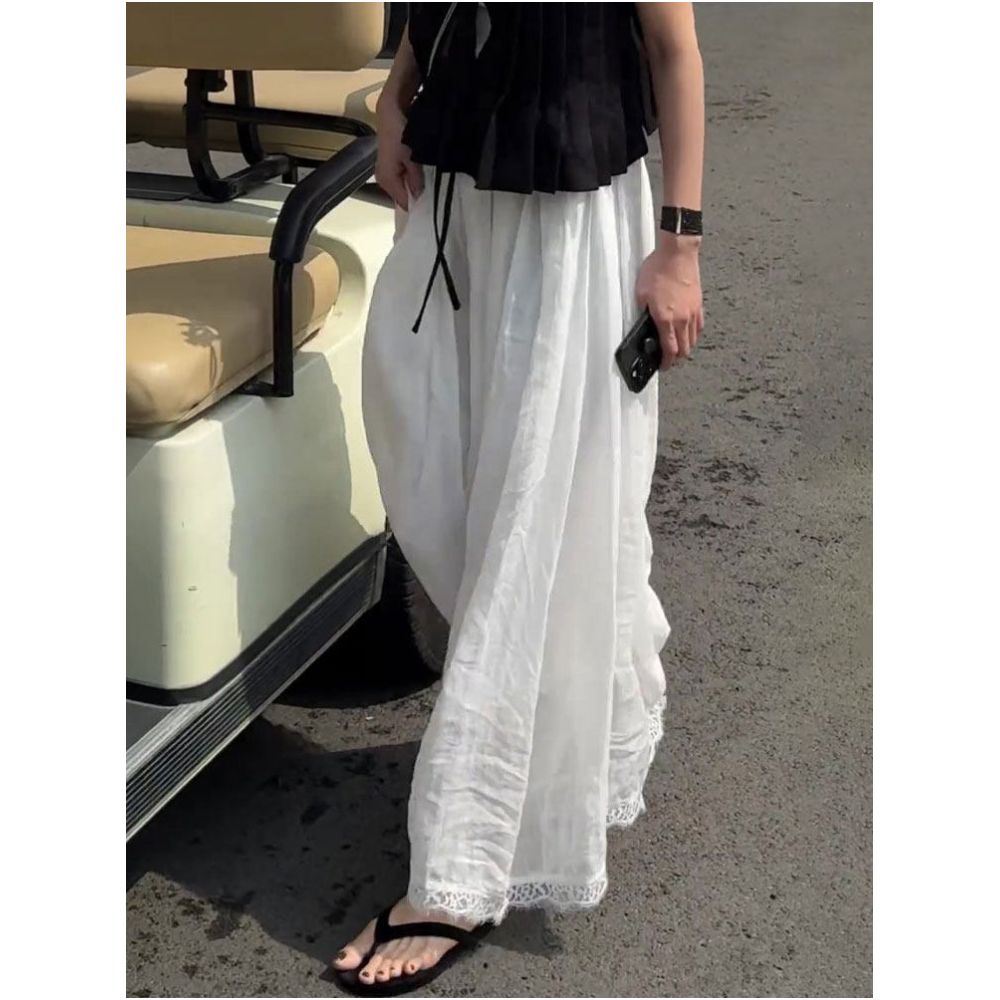 White linen midi skirt with lace trim new summer 2025 style loose fit breathable comfortable versatile full skirt image 5