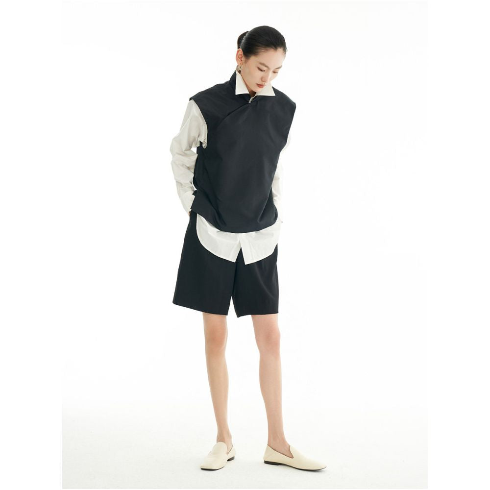 New Chinese style double layered silk stand up collar vest for women autumn outerwear slanted placket concealed button black sleeveless top image 4