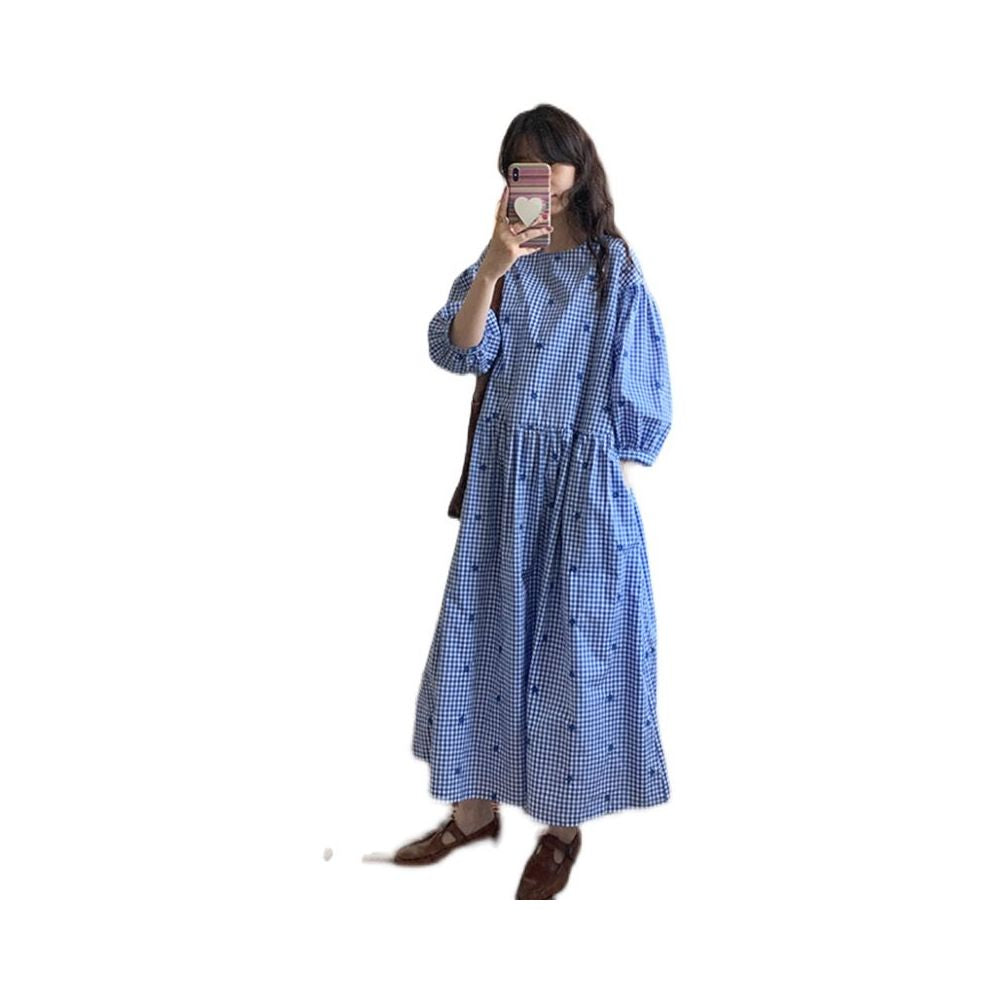 Lazy s Comfortable Clothing Blue Checkered Loose Dress Long Skirt for Women image 5
