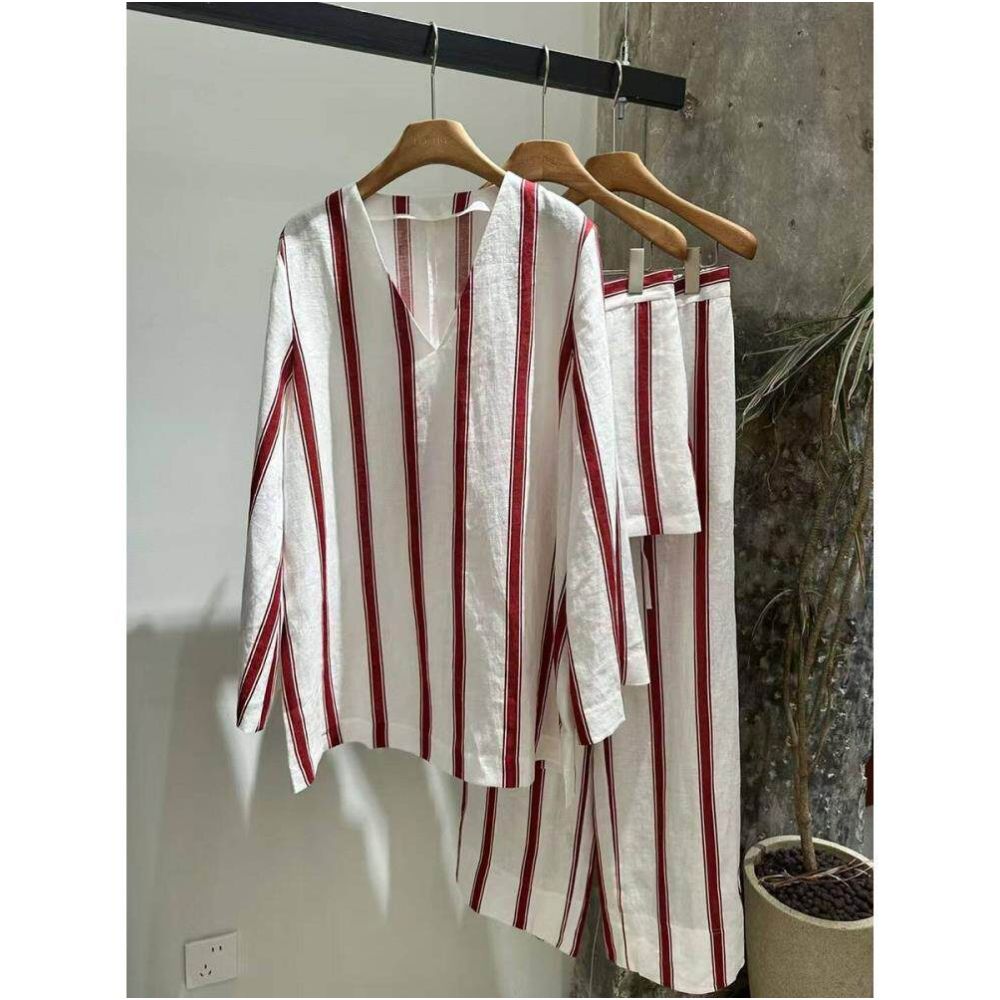 Art Exhibition Manor Holiday Series Natural Linen Red and White Striped V neck Top Casual Pants Set for Women image 5