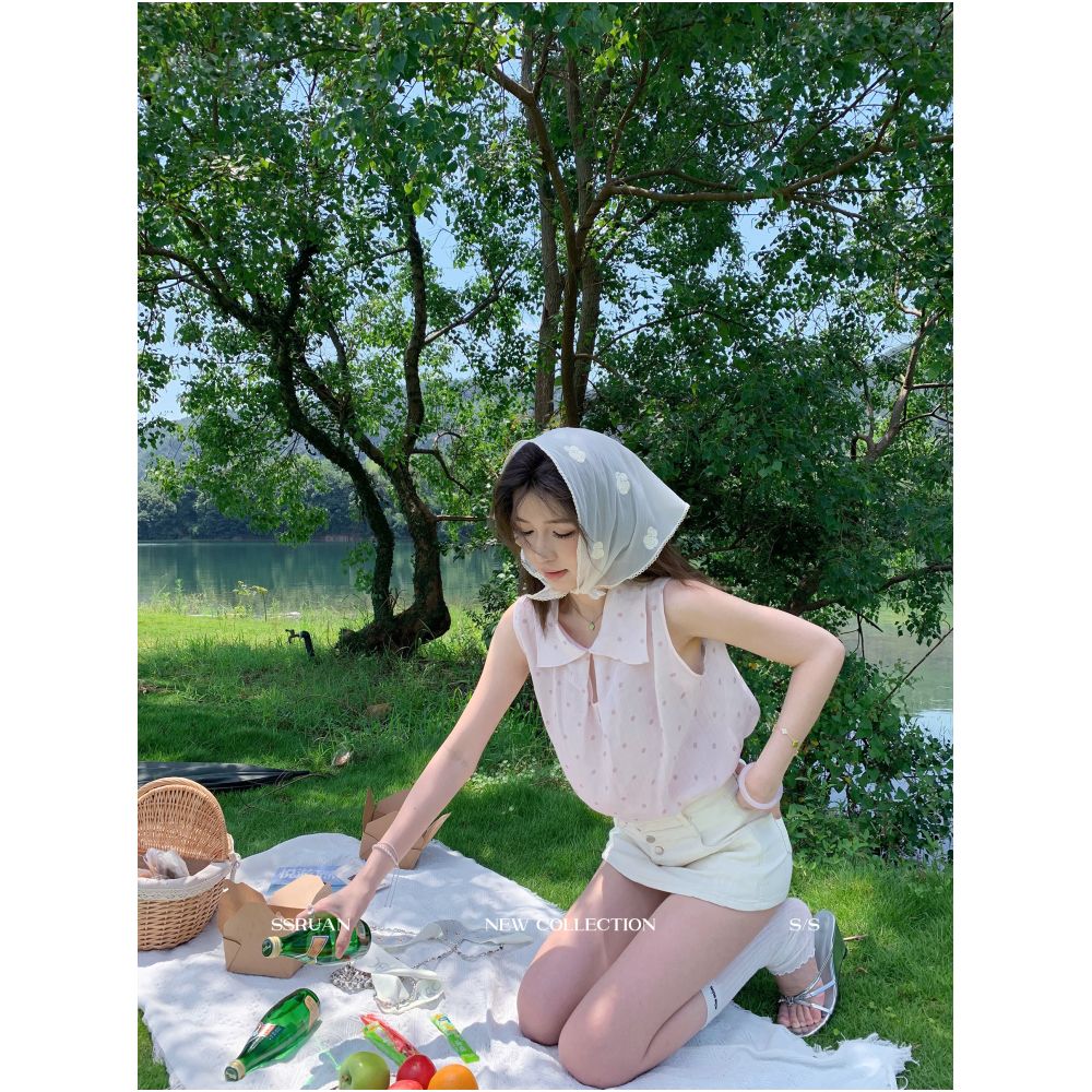 Sam Seoi Da Fan 100 Ramie French Sweet Polka Dot Shirt Women s Summer Loose Sleeveless Chiffon Blouse image 4