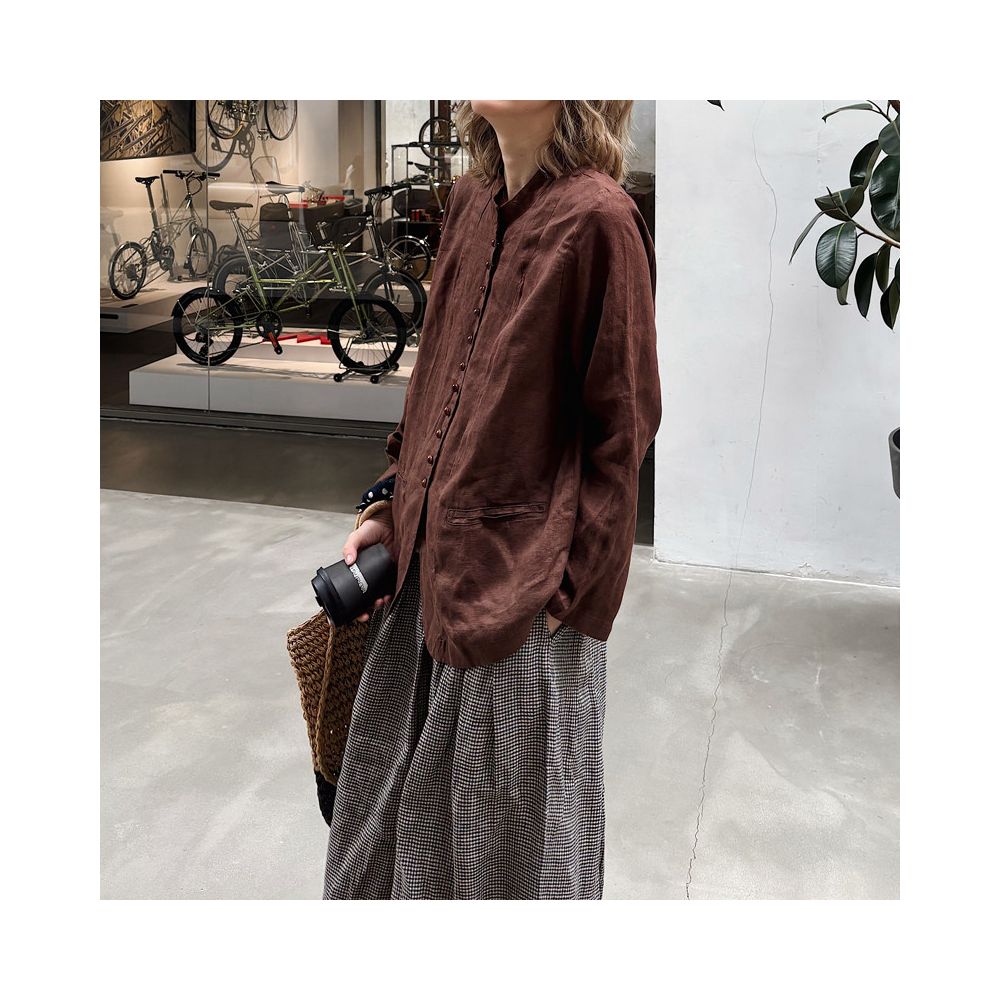 New Spring Summer Women s Modern Chinese Style Super Slimming Retro Old Money Style Plus Size Linen Stand Collar Long Sleeve Shirt Cardigan Coat image 5