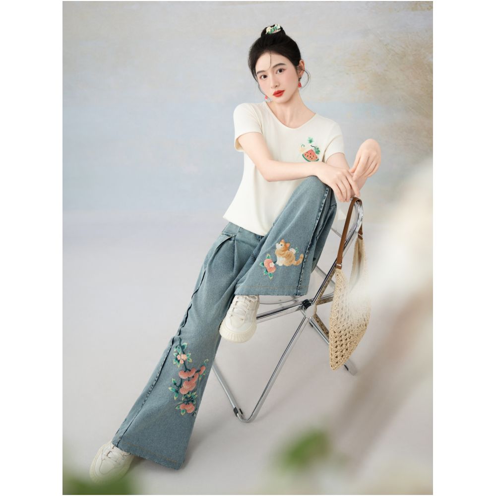 Su Luo s original Lychee and Cat Dewy Glow Summer Chinese Style Embroidered Loose Lightweight Denim Pants for Women image 4