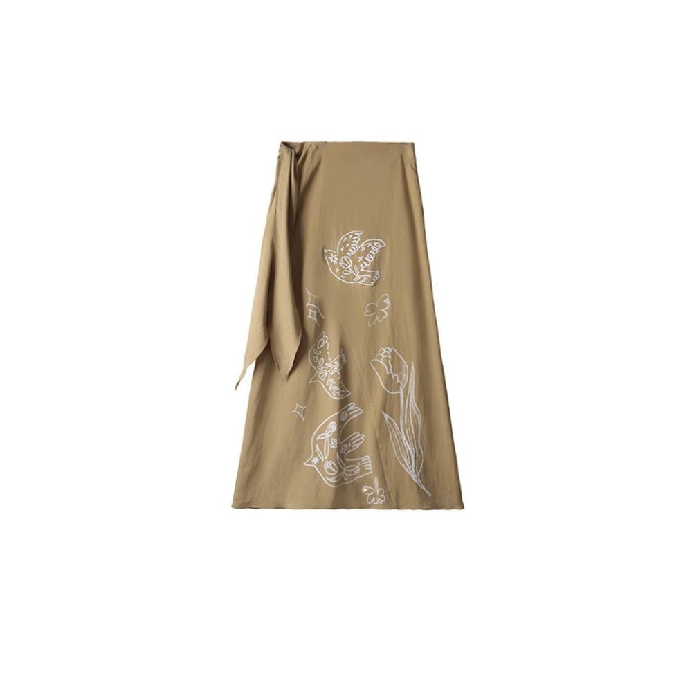 Uare original design Monsoon Migration Flying Birds and Tulips Print Lyocell Tencel Tie up Midi Skirt image 5
