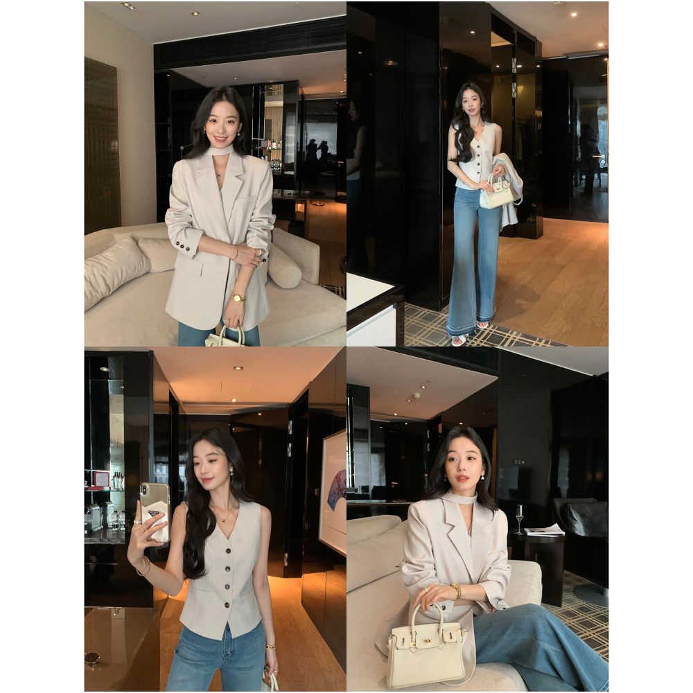 MULVAN Classic Style High End Loose Fitting Ribbon Blazer Set for Women V Neck Slim Waist and Vest image 5