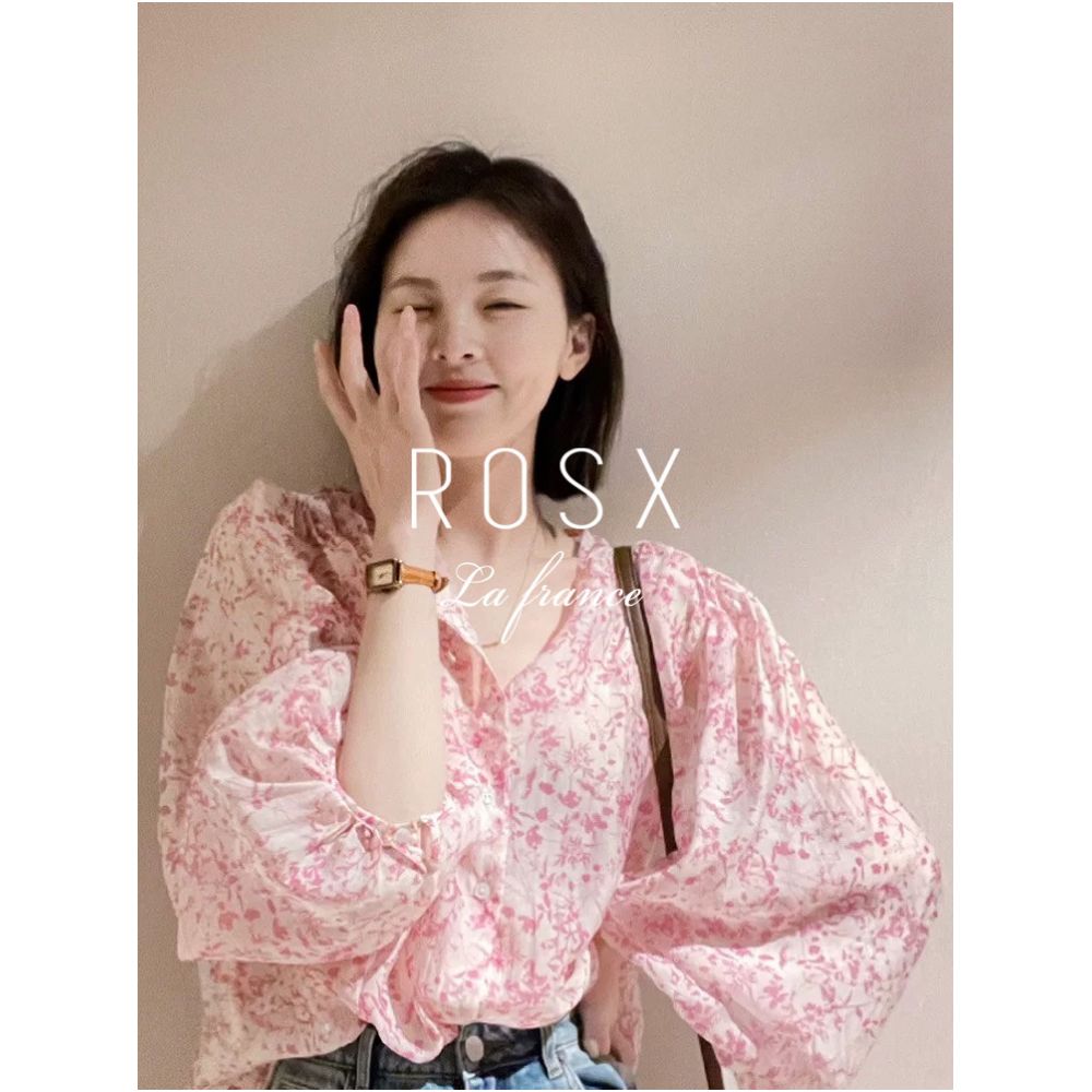 ROSX French style soft pink floral puff sleeve blouse for women summer thin style super fairy sweet age reducing sun protection shirt image 4