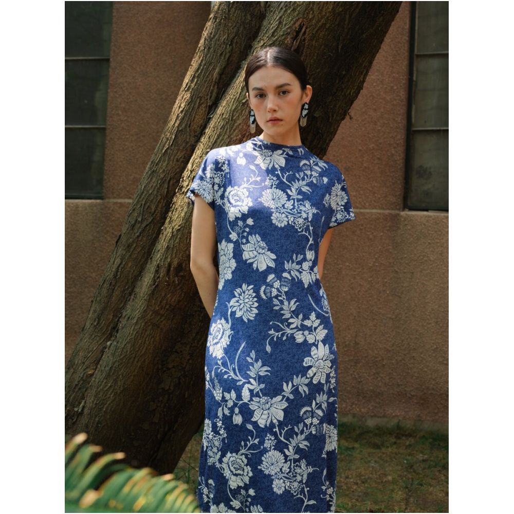 TAORAN Women s Denim Blue Floral Dress New Chinese Style Everyday Modified Cheongsam Dress Young Style image 2