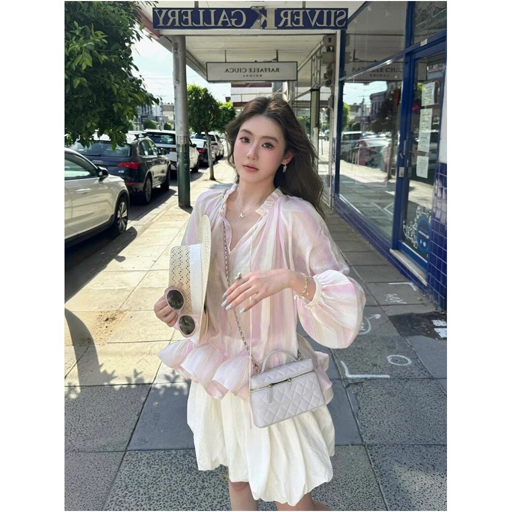 French style Rouje Damas soft gradient pink floral long sleeved shirt vacation style V neck loose and thin top image 2