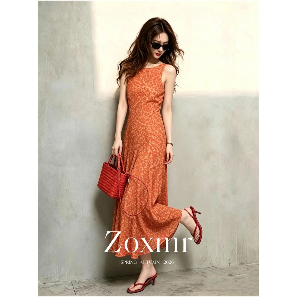 Exquisite summer floral print dress French beach vacation style fitted orange print sleeveless vest dress for women image 2
