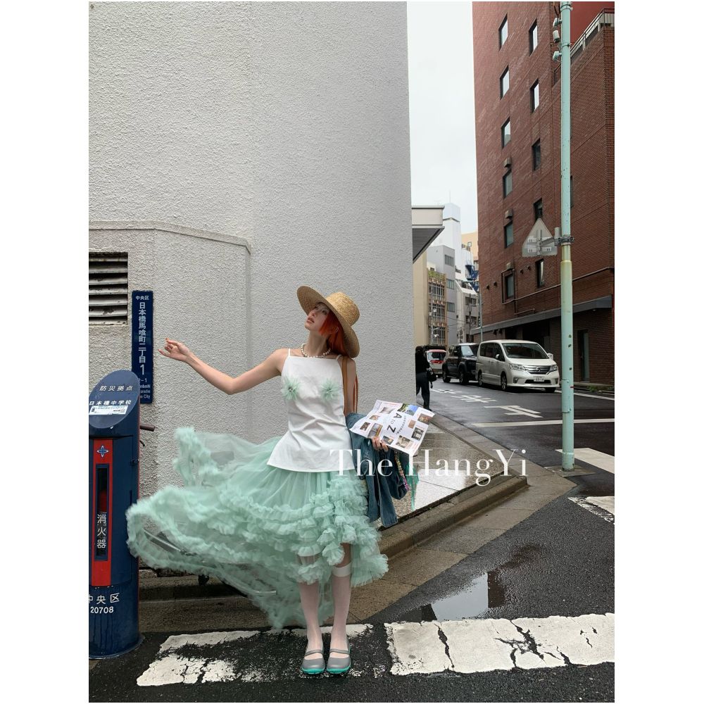 The HangYi Summer Original Design White Camisole Vest with Irregular Mint Mambo Tulle Skirt for Women image 2