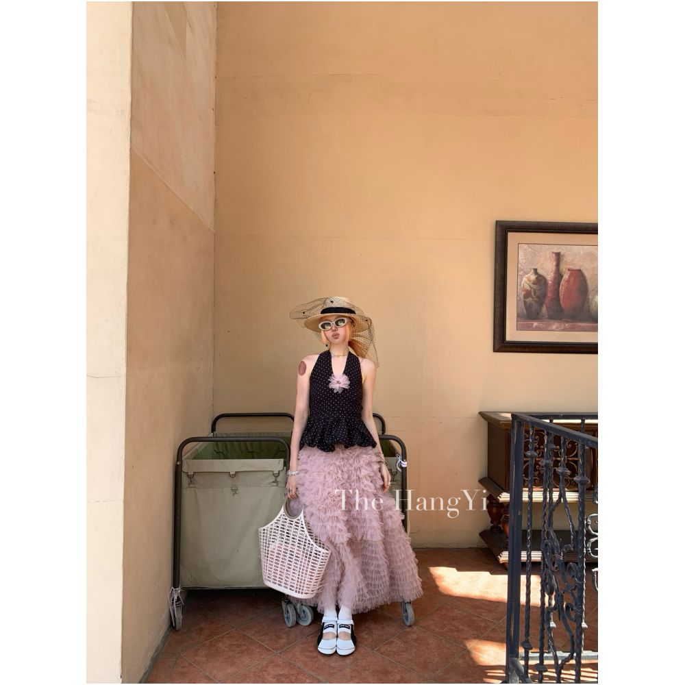 The HangYi Spring Summer Trendy High End Black and Gray Printed T shirt Pink Puffy Mesh Midi Skirt for Women image 2