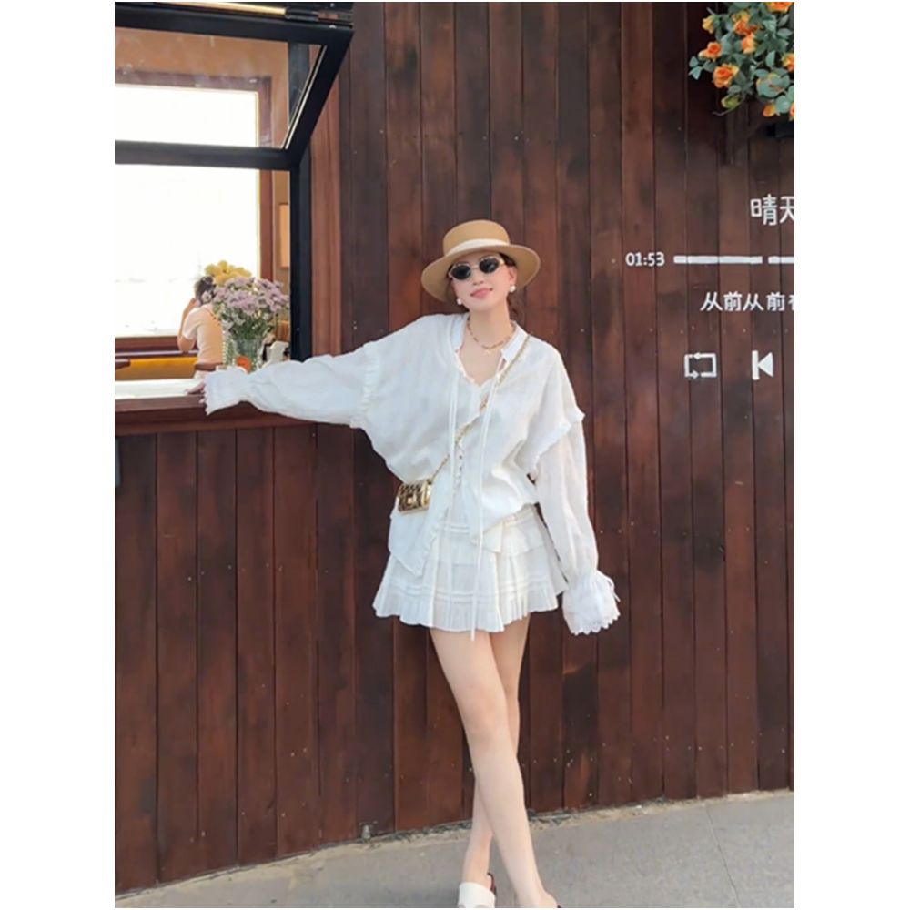 Super cute and alluring two piece set for women autumn fashion lace trimmed bell sleeves ribbon blouse and slimming skirt image 4