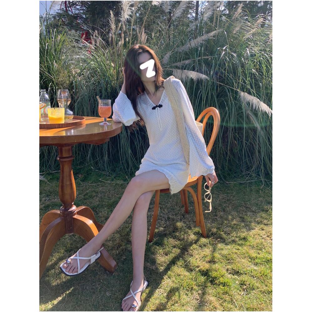 Drawdream Same day shipping Gentle V neck white knit dress feminine flared sleeves slim fitting long dress image 4