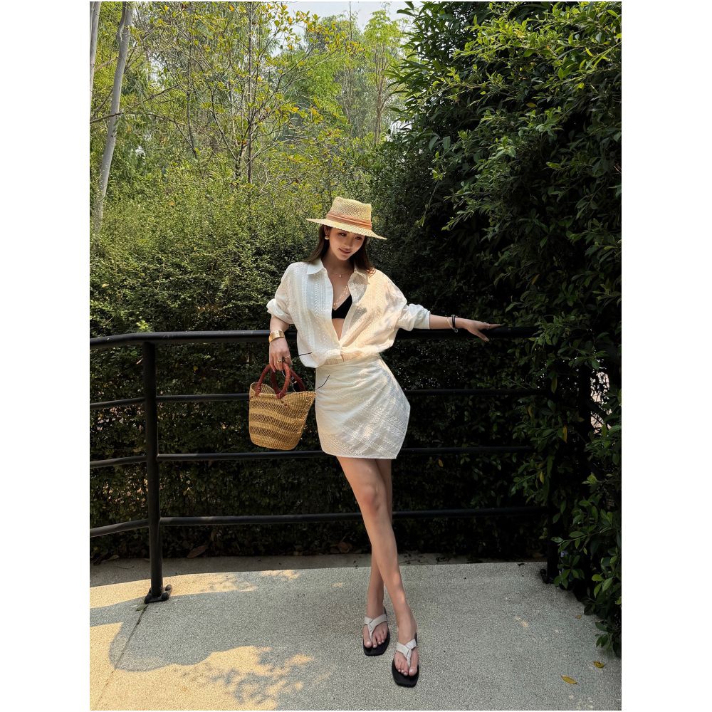 NEVA HU Customized Style Relaxed Fit Hollow Out Embroidered Long Sleeved Shirt and High Waisted Skirt Set image 4