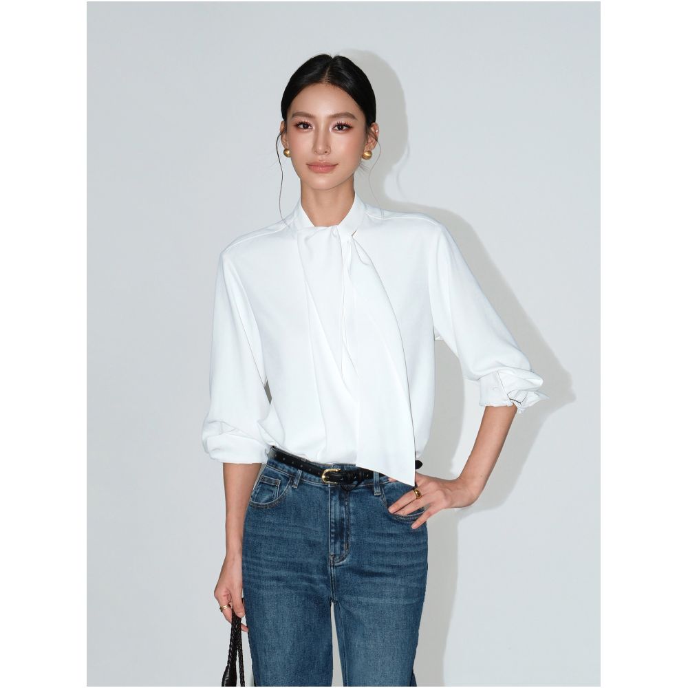 NEVA HU Rome Pictorial High end women s stand up collar blouse with ribbon detailing elegant long sleeved design image 4