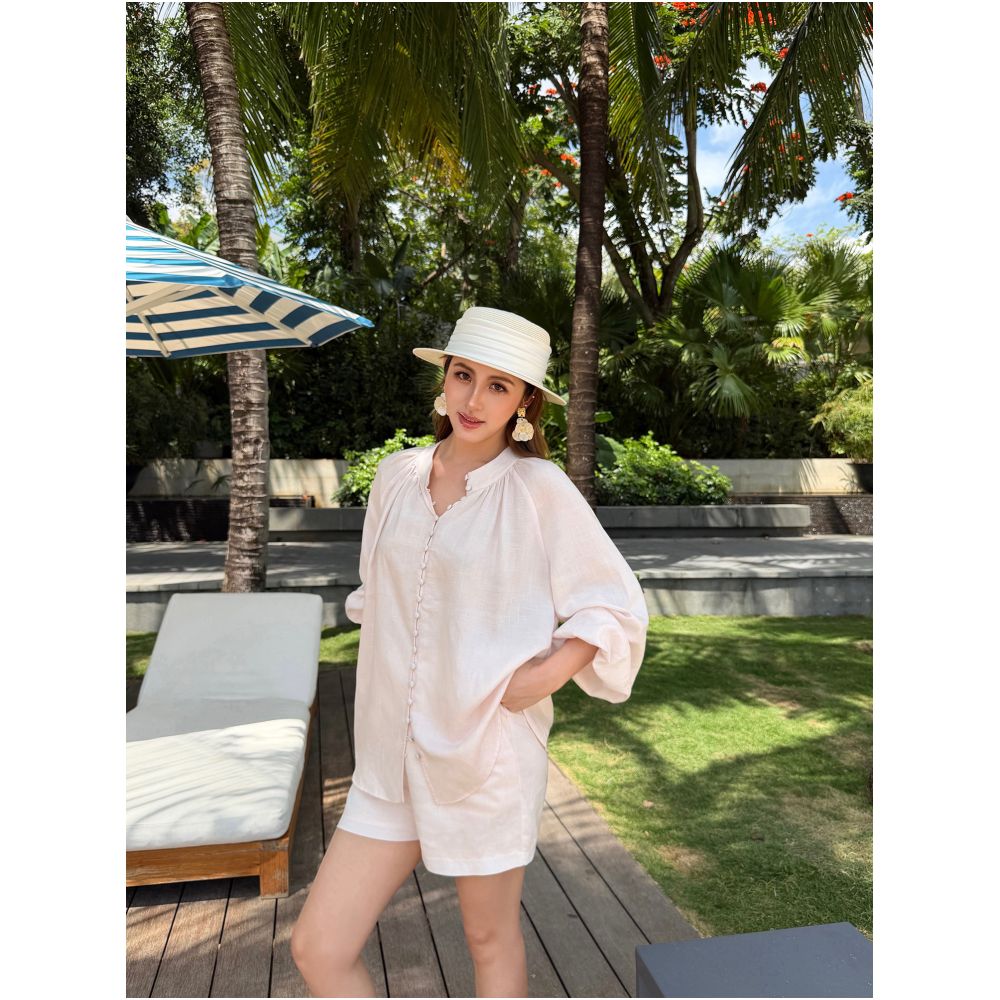 NEVA HU Lyocell Linen Collection Round Neck Button Down Shirt Women s Loose Wide Leg A Line Casual Shorts Set image 4