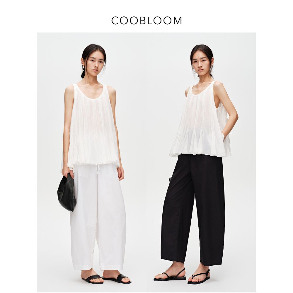 COOBLOOM Exquisite Pleated Silk Blend Sleeveless Vest Top for Women Summer French Style U Neck Top image 2