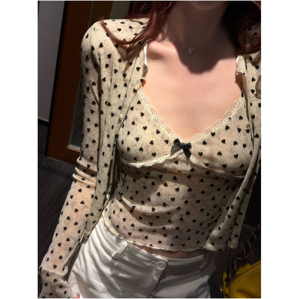 DailyDash Heartbeat Frame Retro Pure and Elegant Velvet Heart Print Lace Camisole Cardigan Set image 4