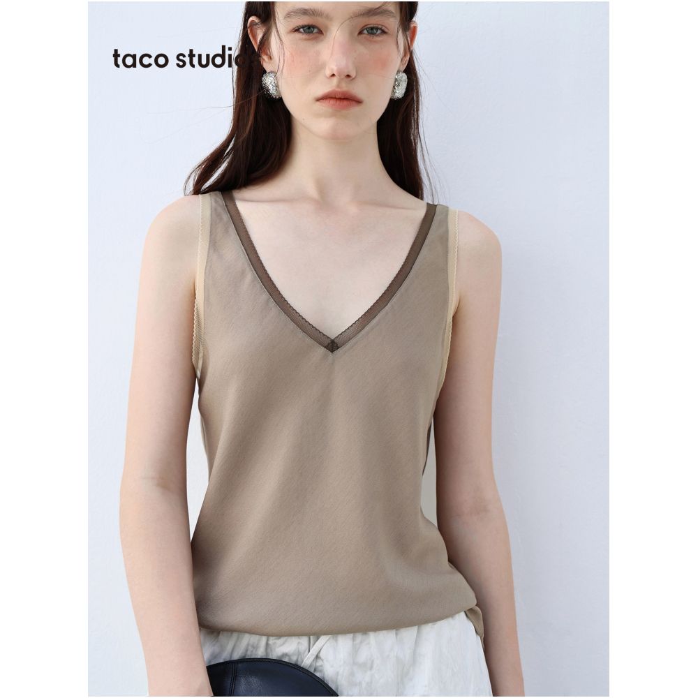 Taco Studios Lace trimmed Biscuit Minimalist V neck Sleeveless Top Vest Patties New Style Women s Summer Outerwear image 4