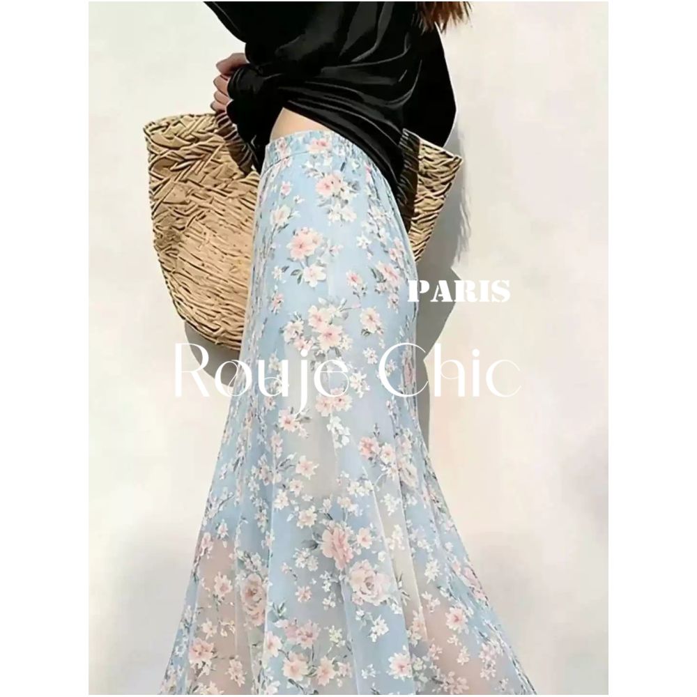 Rouje Chi French style floral chiffon breathable midi skirt for women perfect for summer and versatile image 2
