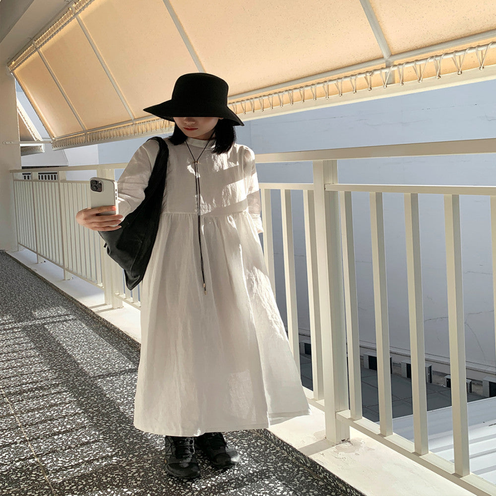 MUALLYCHEN Lighthearted Artistic Stand Collar Large Skirt Dress Linen Fresh Minimalist Long Sleeve White Dress image 11