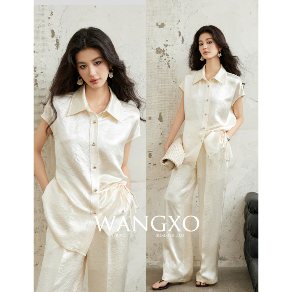 WANGXO 100 Acetic Acid Gloss Double sided Satin Special Paper Wrinkle Embossed Wrapping Top Wide Leg Pants Set image 29
