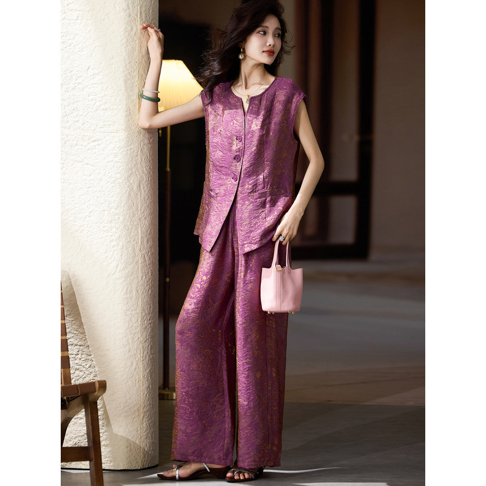 Plain wood jacquard sleeveless set for women s summer new item European station plus size women s clothing 2025 top and pants two piece set image 11