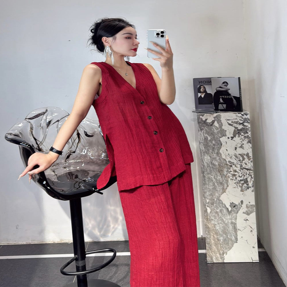 Summer outfit paired with a complete set of salt based light cooked yet stylish and luxurious red linen cotton linen set pants image 13