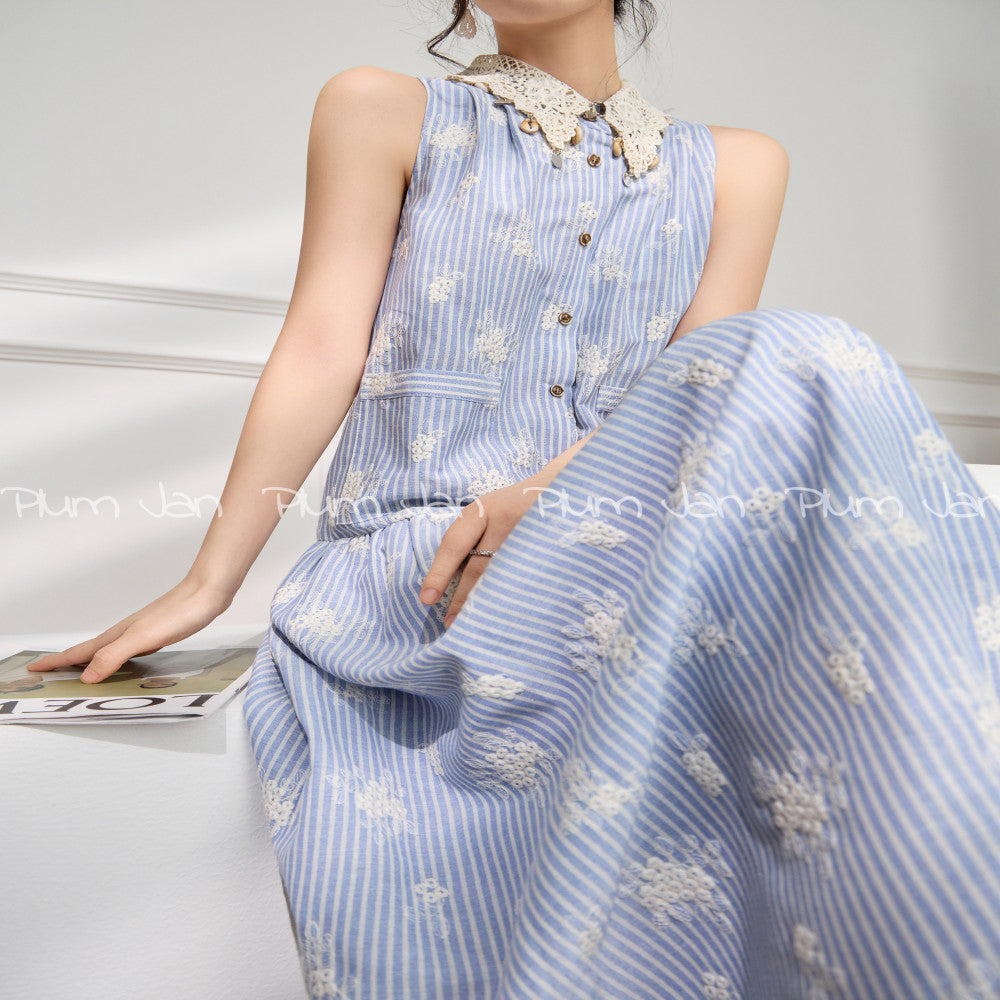 Plum Jan Summer Beauty Small Skirt Seaside Vacation Heavy Industry Collar Embroidered Blue Striped Dress for Women image 13