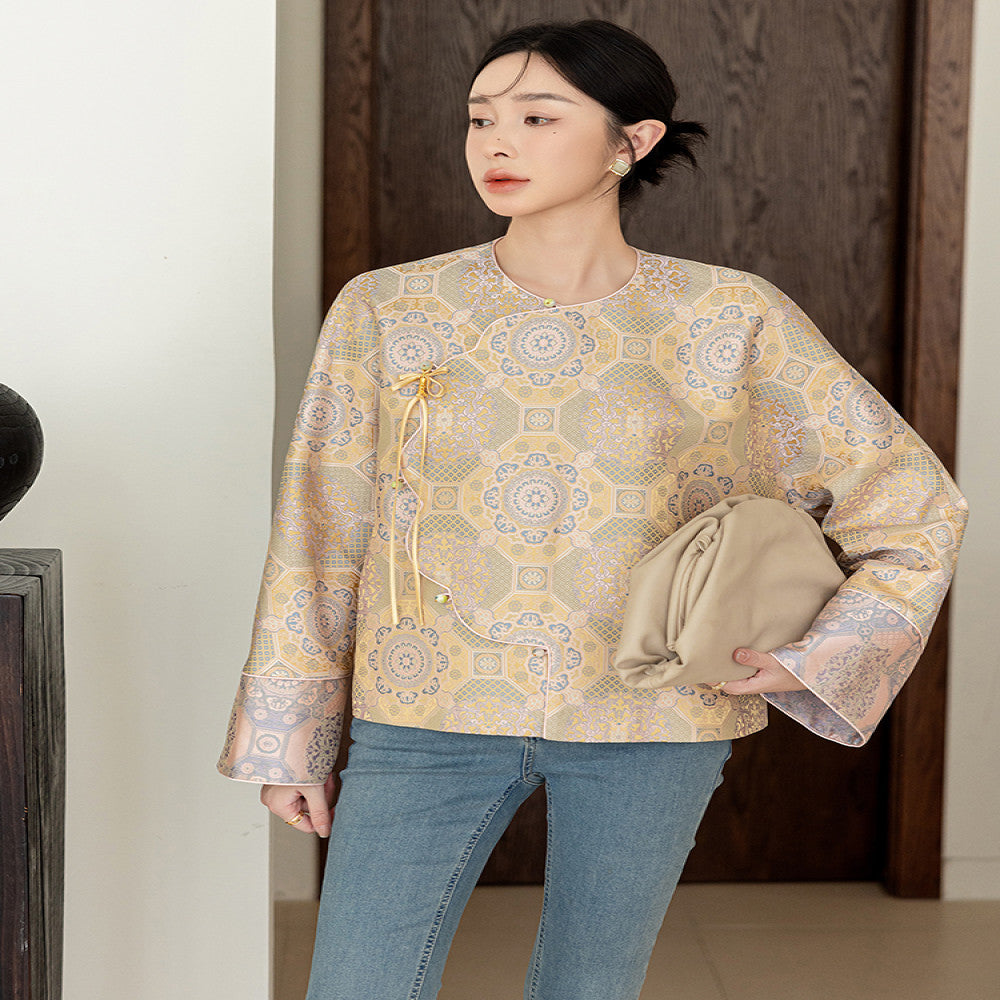 High end silk jacquard Chinese style short jacket for women s spring 2025 new style slanted collar buckle new Chinese Tang style top image 15