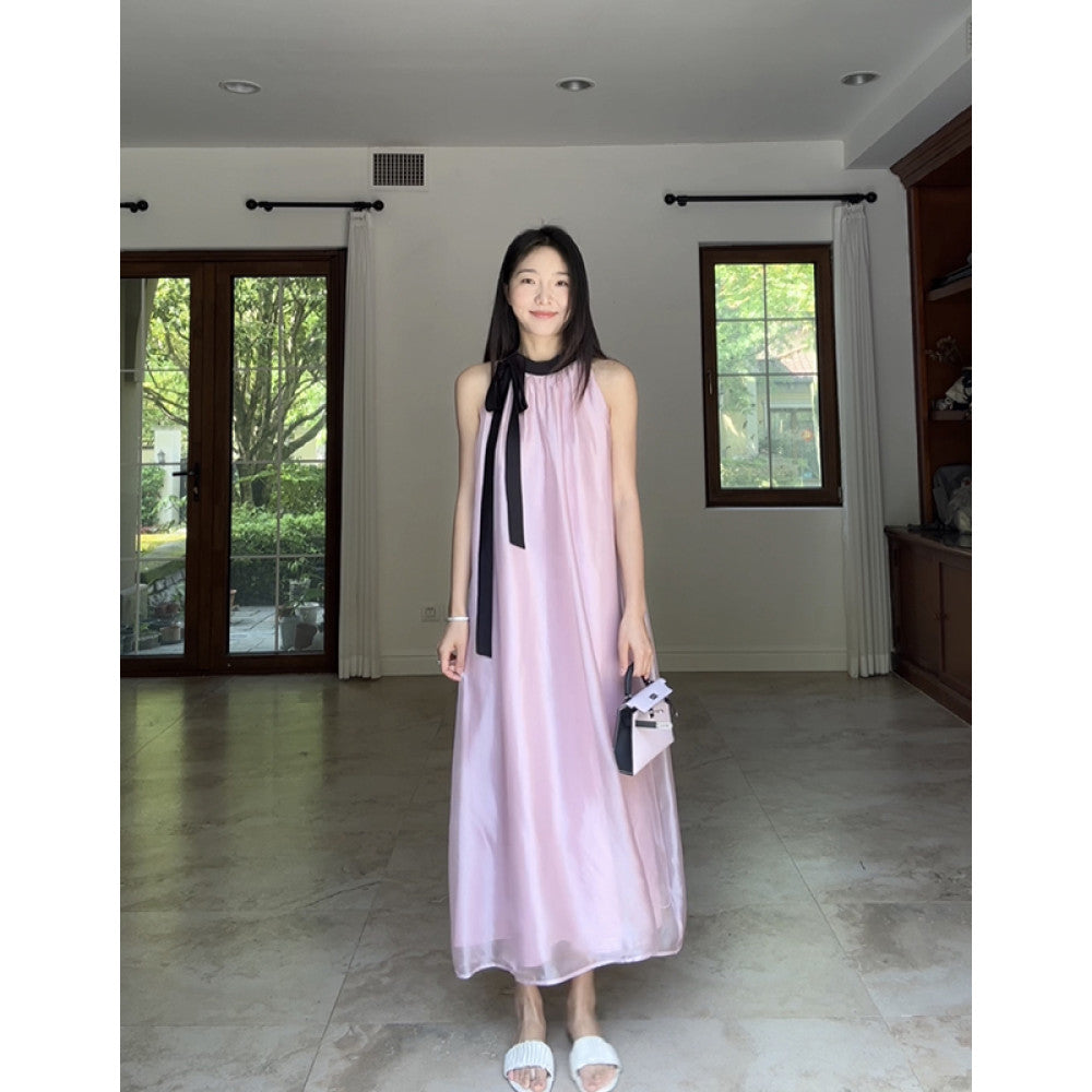 Guo Jiujiu s gentle style high end satin powder pearl yarn lace up vest camisole skirt summer long skirt image 25