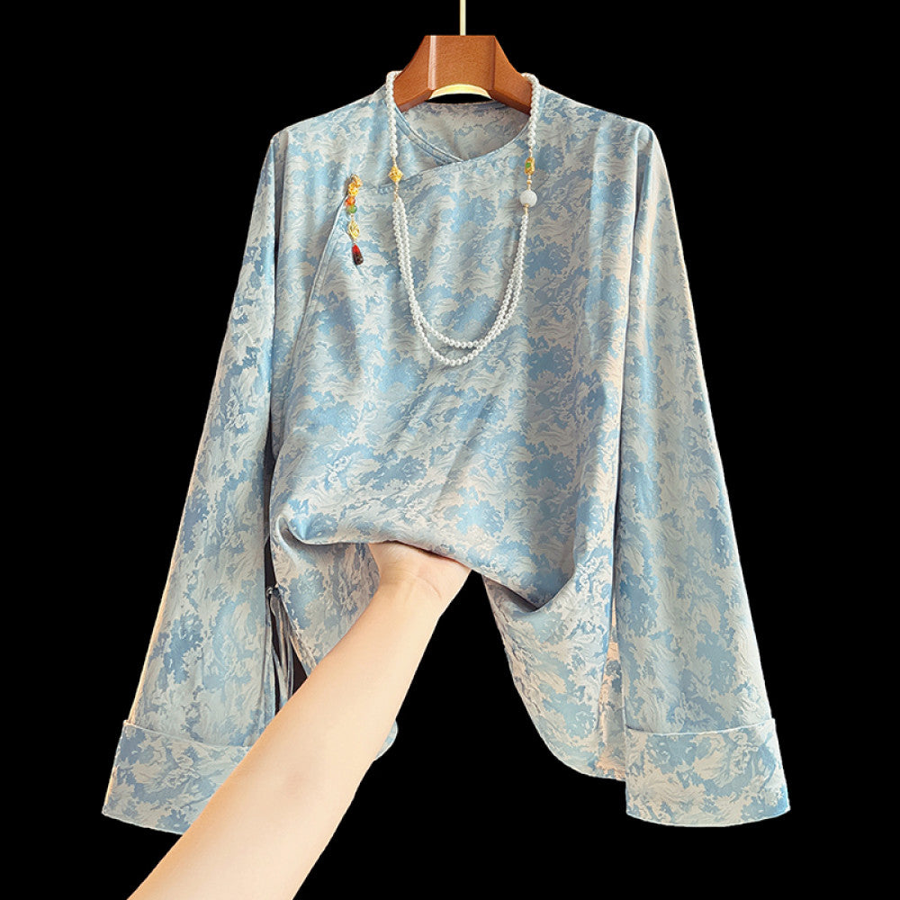 Blue trendy new Chinese style silk shirt with long sleeved women s design retro slanted collar and buckle Chinese style mulberry silk top image 25