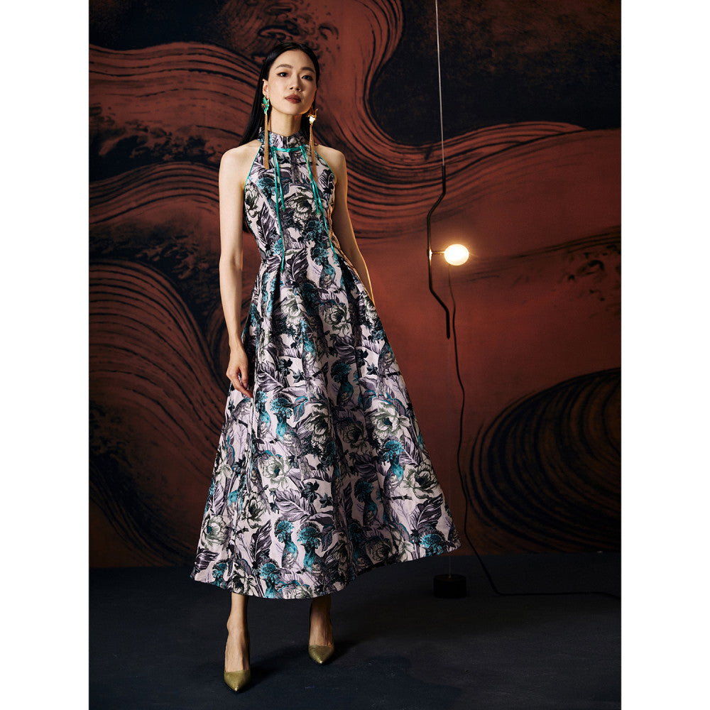 Original designer women s clothing made in China with Chinese elements buttons improved slim fit jacquard off shoulder long skirt image 13