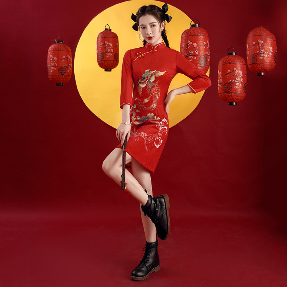 Red cheongsam 2025 new improved national tide female toast dress bride long sleeve festive Chinese style women s clothing Phoenix image 29