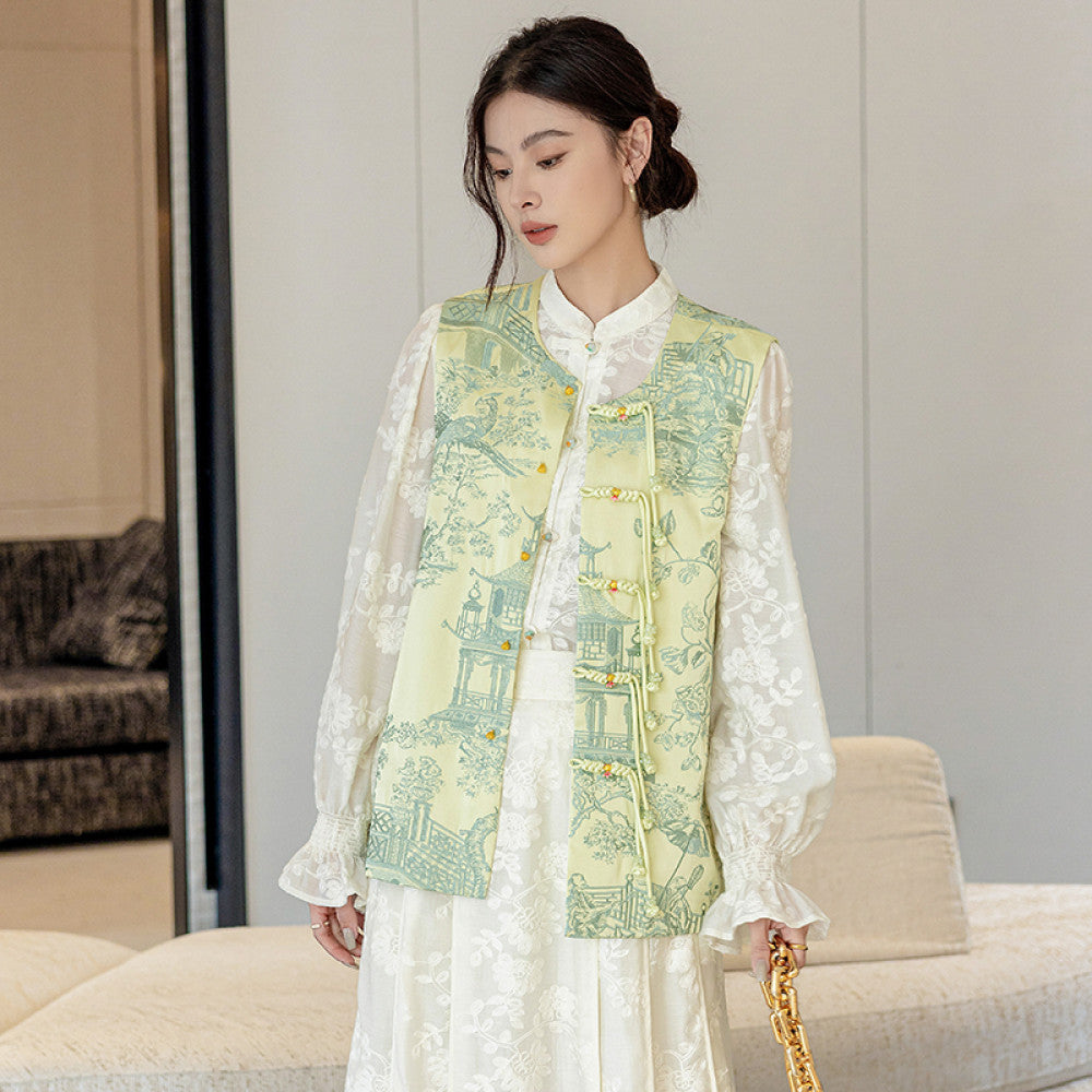 Red high end embroidery new Chinese style buttoned acetate vest vest women s retro improved round neck national style top jacket image 25